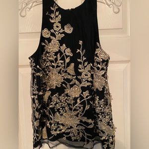Sunday In Brooklyn, Black Sleevelss Top w/ Gold Embroidered Flower Design, Sz S